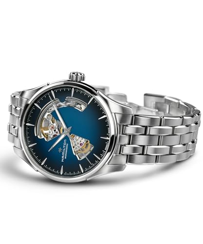 Hamilton Jazzmaster Open Heart Automatic Men's Watch, 40mm Stainless Steel Case, Swiss Made, Blue Dial Analog Wrist Watch, 50m Waterproof, Sapphire Crystal, 3-Hand Movement, Stainless Steel Strap