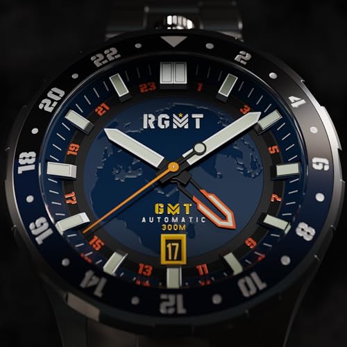 RGMT Men's 46mm Globemaster GMT Automatic Mission Blue Watch with Solid Stainless Steel Bracelet RG-8067-44