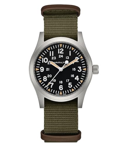Hamilton Khaki Field Mechanical Men's Watch, 42mm Stainless Steel Case, Swiss Made, Black Dial Analog Wrist Watch for Men, 50m Waterproof, Sapphire Crystal, Textile Strap