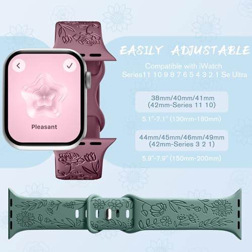 6 Pack Floral Engraved Bands Compatible with Apple Watch Bands 44mm for Women 40mm 41mm 45mm 49mm, Adjustable Comfortable Soft Silicone for iWatch Bands 38mm Womens Series