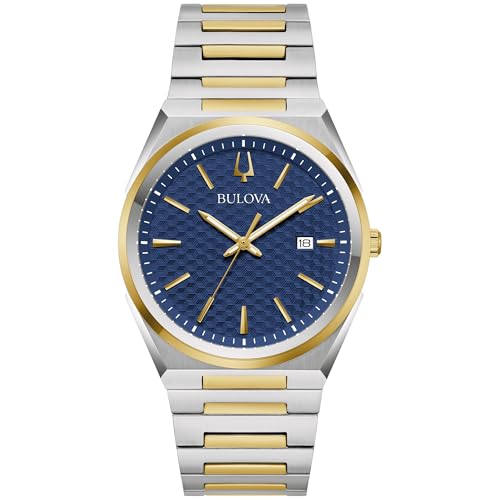 Bulova Mens Classic Quartz Two Tone Stainless Steel Watch, Blue Pattern Dial, Style:98B443