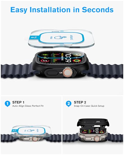 amBand Metal Case Screen Protector Cover for Apple Watch Ultra 3/Ultra 2/Ultra 49mm, W3 Rugged Bumper Thin Frame + 9H Tempered Glass Film + Ceramic-Like Back Cover, [Stylish] [Waterproof], Matte Black