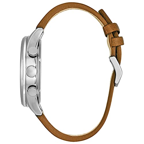 CITIZEN Men's Eco-Drive Weekender Garrison Chronograph Field Watch in Stainless Steel with Brown Leather Strap, Blue Dial (Model: CA0621-05L)