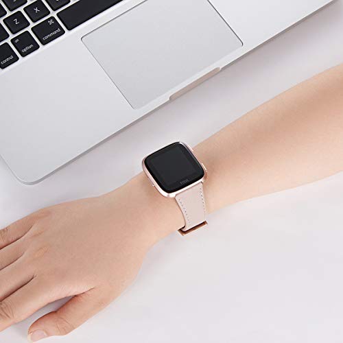WFEAGL for Fitbit Versa Bands, Top Grain Leather Replacement Strap for Fitbit Versa/Versa 2 /Versa Lite/Versa SE Fitness Smart Watch (PinkSand Band+ Rosegold Buckle)