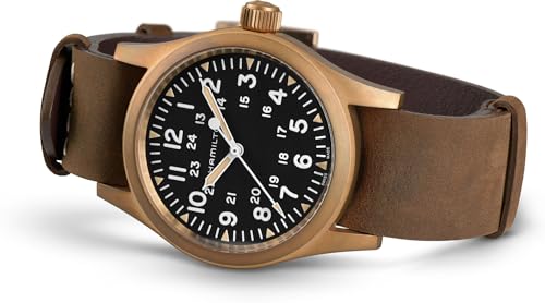 Hamilton Khaki Field Mechanical Men's Watch, 38mm Bronze and Titanium Case, Swiss Made, Black Dial Analog Wrist Watch for Men, 50m Waterproof, Sapphire Crystal, Cow Leather Strap