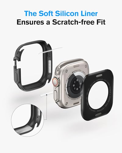 amBand Metal Case Screen Protector Cover for Apple Watch Ultra 3/Ultra 2/Ultra 49mm, W3 Rugged Bumper Thin Frame + 9H Tempered Glass Film + Ceramic-Like Back Cover, [Stylish] [Waterproof], Matte Black