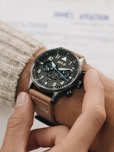 AVI-8 Mens 43.5mm Hawker Hurricane Carey Dual Time Orissa Japanese Quartz Pilot Watch with Leather Strap AV-4088-04