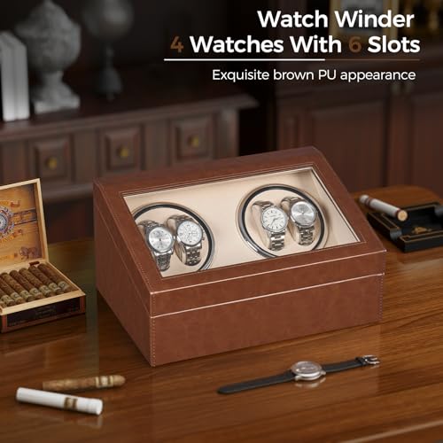 ANWBROAD Watch Winder for Automatic Watches, Automatic Watch Winder Box with 4 Watch Rotator and 6 Extra Storages, 4 Watch Winder with Japanese Quiet Motor, Watch Winders for Men & Women, UJWW012Z