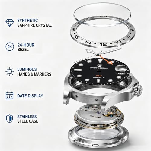CEYADG Pagani Design Watches for Men Automatic Mechanical GMT Watch Analog Sapphire Glass Stainless Steel Sport Waterproof Luminous Men's Wrist Watches (Orange Strap Black Dial)