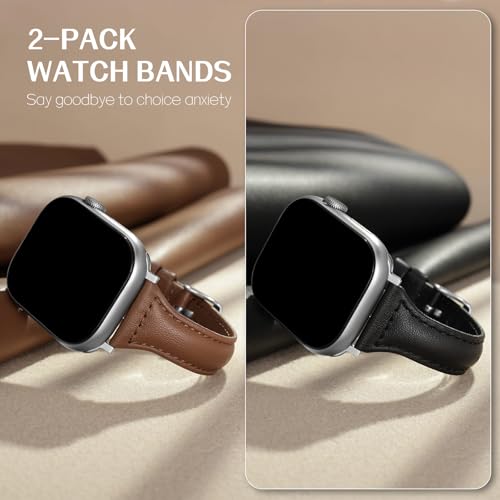 2 pack Slim Leather Bands Compatible with Apple Watch Band 38mm 40mm 41mm 42mm(Series 11/10) Women,Top Layer Genuine Leather Strap for iWatch Series 9/8/7/6 5/4/3/2/1/SE(Black/Brown)