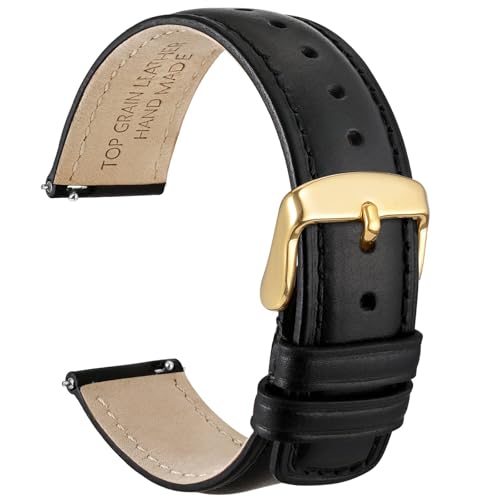 WOCCI 20mm Watch Band for Men and Women, Genuine Leather - Top Grain Leather, Quick Release Strap, Golden Buckle (Black)