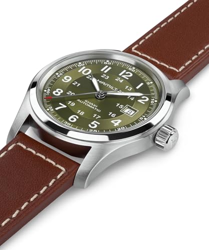 Hamilton Khaki Field Automatic Mens Watch, 42mm Stainless Steel Case, Swiss Made, Green Dial Analog Wrist Watch for Mens 100 Meters Water resitance, Sapphire Crystal, 3-Hand Movement, Leather Strap
