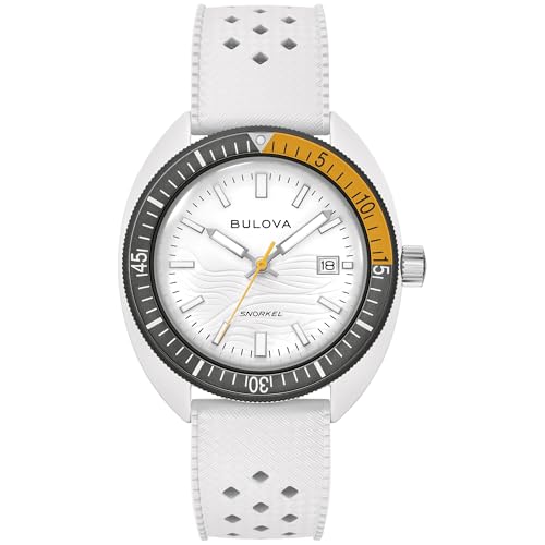 Bulova Men's Oceanographer Snorkel Ceramic Case and White Perforated Rubber Strap Watch, Day Date 100M WR