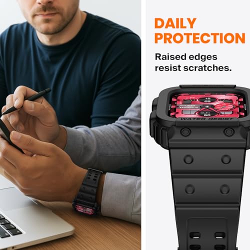 amBand Compatible with Apple Watch Series 9/8/7/SE (3/2/1)/6/5/4/3 Band for Men 45mm 44mm 42mm Case, Rugged Sport Strap for iWatch 45/44 mm Military Protective Cover Bumper Drop-Proof, Matte Black