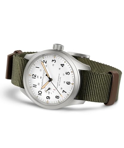 Hamilton Khaki Field Mechanical Mens Watch, 40mm Stainless Steel Case, Swiss Made, White Dial Analog Wrist Watch for Mens 100 Meters Water resitance, Sapphire Crystal, 3-Hand Movement, NATO Strap
