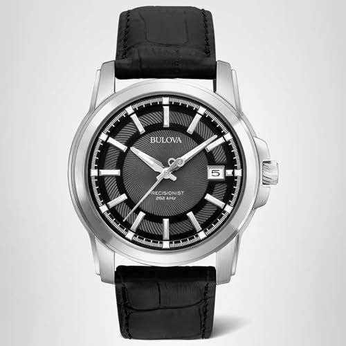 Bulova Men's Precisionist 3-Hand Calendar in Stainless Steel with Black Leather Strap and Black Patterned Dial Style: 96B158
