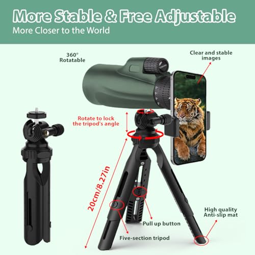 Monocular Telescope 80x100, Wide Field HD Monoculars for Adults with Tripod & Phone Adapter, Perfect for Bird Watching, Hunting, Hiking & Outdoor Activities -Green
