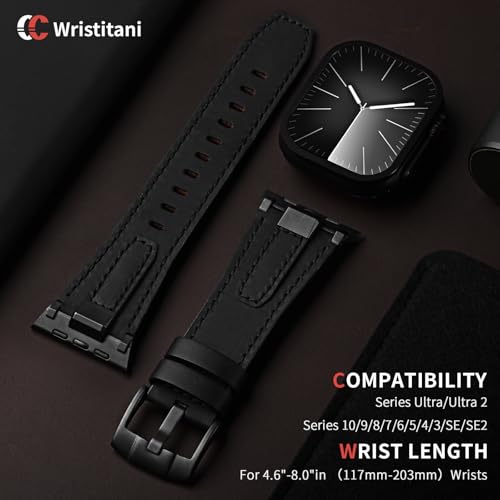 Wristitani Leather Bands Compatible with Apple Watch Band 49mm 46mm 45mm 44mm 42mm for Men, Metal Connector & Genuine Leather Replacement Straps for iWatch Ultra3/2/1 SE3/2/1 Series 11 10 9 8 7 6 5 4