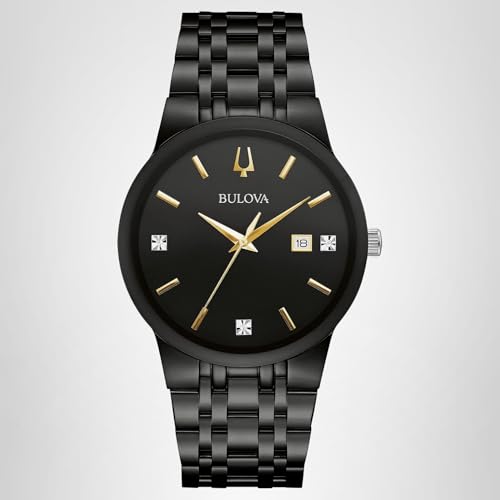 Bulova Men's Modern Black Ion-Plated Stainless Steel 3-Hand Calendar Date Quartz Watch, Gold Tone Accents and Diamond Dial, 40mm Style: 98D166