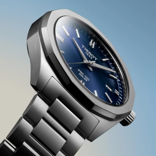 Tissot PRC 100 Solar, Blue Dial, 39mm Watch for Men, Silver Stainless Steel Bracelet, Solar Quartz Movement, T1514221104100