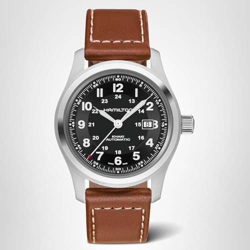 Hamilton Khaki Field Automatic Men's Watch, 42mm Stainless Steel Case, Swiss Made, Black Dial Analog Wrist Watch, 100m Waterproof, Sapphire Crystal, 3-Hand Movement, Cow Leather Strap