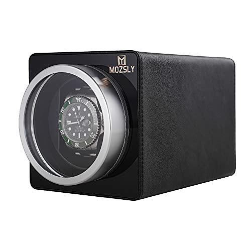 MOZSLY Watch Winder for Single Automatic Watches with Quiet Motor 12 Rotation Mode Setting Leather Black