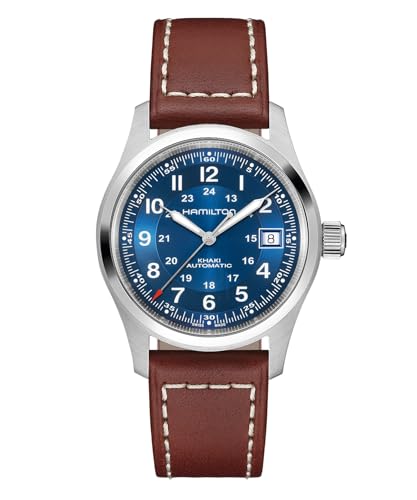 Hamilton Khaki Field Automatic Unisex Watch, 38mm Stainless Steel Case, Swiss Made, Blue Dial Analog Wrist Watch Unisex 100 Meters Water resitance, Sapphire Crystal, 3-Hand Movement, Leather Strap