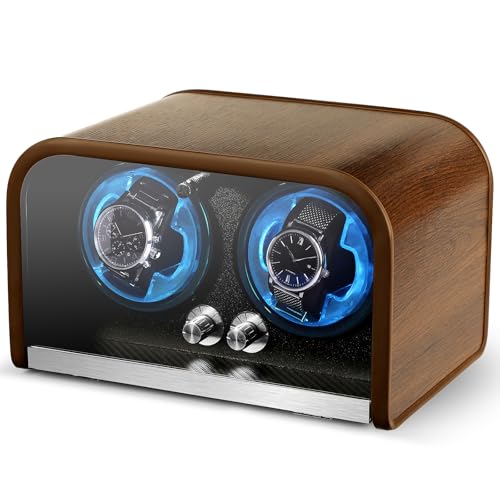 Clewcks Watch Winder for Automatic Watches, Watch Winders Box for Rolex,Double Japanese Silent Motor, 4 Rotation Mode Setting, Blue Light, Plug-in or 2 * AA Batteries (not included), Gift for man
