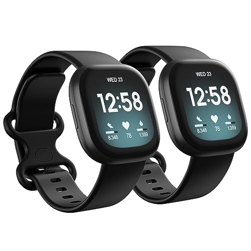2 Pack Waterproof Bands Compatible with Fitbit Versa 3 / Fitbit Versa 4 / Fitbit Sense/Sense 2 Bands, Classic Soft Sports Replacement Wristbands for Women Men (black/black, Large 7.1''-8.7'')