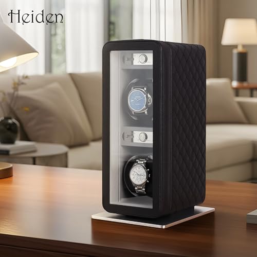 Heiden Monaco Double Watch Winder in Black Leather - Battery Powered or AC Adapter, 12 Program Settings, Diamond Stitched Vegan Leather, Soft Linen Interior, Large Interior Space for Large Watches