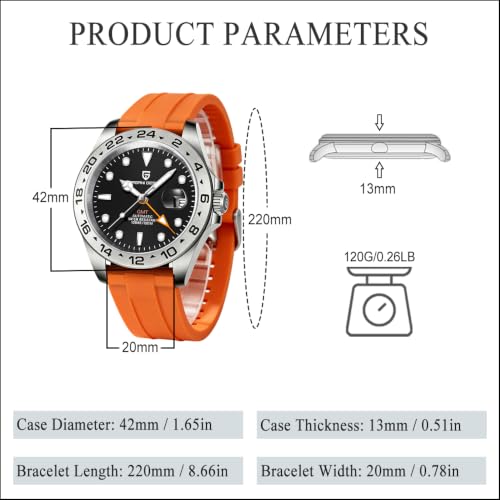 CEYADG Pagani Design Watches for Men Automatic Mechanical GMT Watch Analog Sapphire Glass Stainless Steel Sport Waterproof Luminous Men's Wrist Watches (Orange Strap Black Dial)