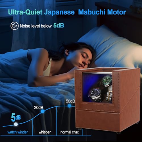 J&T Technology Watch Winder for Automatic Watches,Automatic Watch Winder with LED Light,Rotating Watch Case with Japanese Quiet Motor,4 Rotation Modes,USB Type C