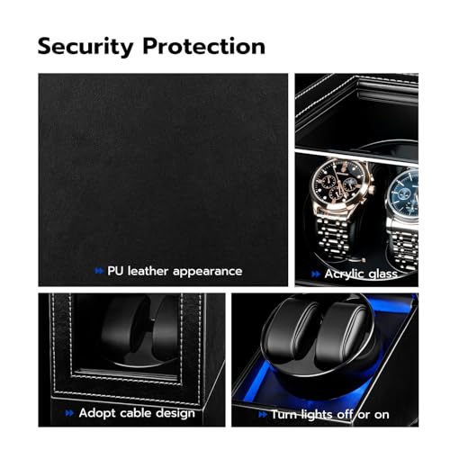 Mcbazel Watch Winder with Led Light, Dual Watch Winder Box for Automatic Watches, Ultra-Quiet Motor, 5 Rotation Modes, Gifts for Men, Beloved, Women - Black