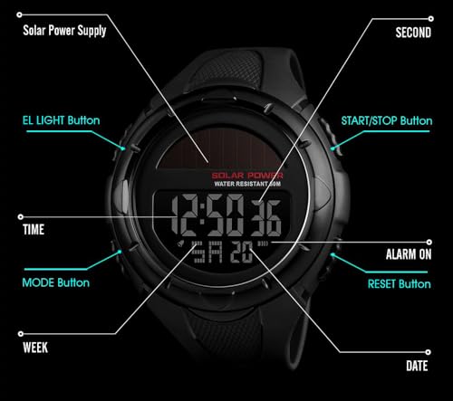 Gosasa Men's Outdoor Sports Multifunction Solar Power LED Digital Watches 50M Water Resistant (Black)