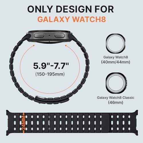 Bandletic Magnetic Silicone Band Compatible with Samsung Galaxy Watch 8 40mm 44mm / Watch 8 Classic 46mm 2025, No Gap Soft Breathable Replacement Strap for Men Women, Black