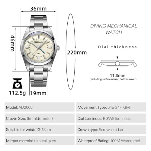 Addiesdive AD2065 36mm 515 GMT Mens Watch Sapphire Crystal Glass BGW9 Luminous 10Bar Water Resistant, White Dial