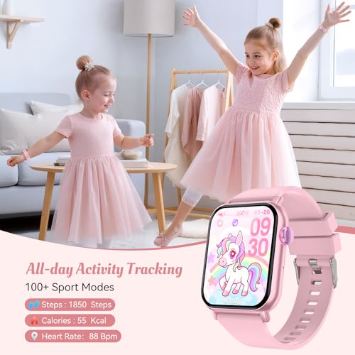 ganopterygon Smart Watch for Kids, 12 Puzzle Games HD Touch Screen Watches, Step Counter, Heart Rate and Sleep Monitor, Flashlight, 12/24 hr Educational Toys Birthday Gifts for Girls Ages 6-12 (Pink)