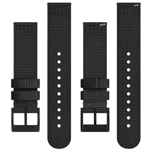 BISONSTRAP Men’s Nylon Watch Bands, Two-Piece Military Watch Straps, Quick Release, Brushed Buckle, 20mm, Black (Black Buckle)