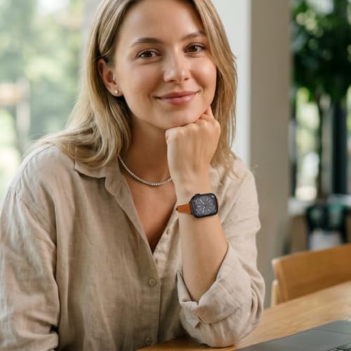 SEURE 2-pack Leather Band Compatible with Apple Watch Bands for women 38mm 40mm 41mm 42mm 44mm 45mm 46mm,Top Genuine Leather Wristband Slim Thin Strap for iWatch SE Series 11/10/9/8/7/6/5/4/3/2/1