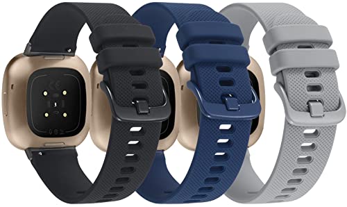 3-Pack Sport Bands Compatible with Fitbit Versa 4/Versa 3/Sense 2/Sense Band, Classic Soft Silicone Replacement Wristband Strap Accessories for Women Men(Black/Midnight Blue/Gray)