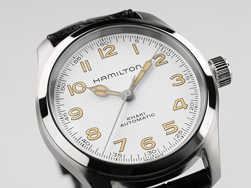 Hamilton Khaki Field Murph Automatic Men's Watch, 38mm Stainless Steel Case, Swiss Made, White Dial Analog Wrist Watch for Men, 100m Waterproof, Sapphire Crystal, 3-Hand Movement, Calf Leather Strap
