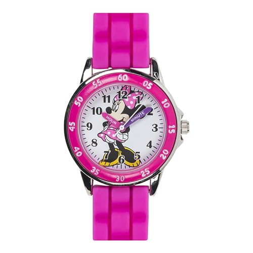 Disney Minnie Mouse Kids' Time Teacher Watch – Pink Rubber Strap, Easy-Read Analog Dial with Minnie Artwork, Enamel Bezel, Educational Watch for Girls – Fits Wrists 5.5" to 8"