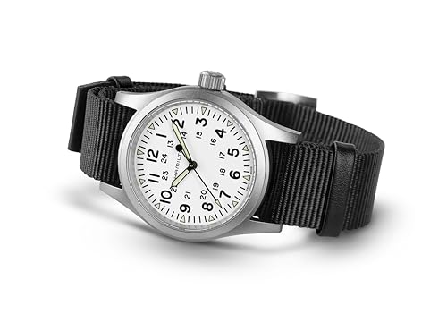 Hamilton Khaki Field Mechanical Men's Watch, 38mm Stainless Steel Case, Swiss Made, White Dial Analog Wrist Watch for Men, 50m Waterproof, Sapphire Crystal, Textile Strap
