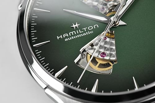 Hamilton Jazzmaster Open Heart Automatic Men's Watch, 40mm Stainless Steel Case, Swiss Made, Green Dial Analog Wrist Watch, 50m Waterproof, Sapphire Crystal, 3-Hand Movement, Cow Leather Strap