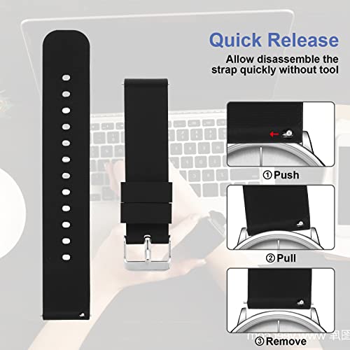 Cobee Silicone Watch Bands, Quick Release Waterproof Soft Rubber Replacement Straps with Silver Plated Stainless Steel Buckle Smart Watch Straps Sport Watchbands for Men Women (20mm-Black)
