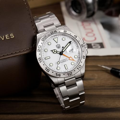 watchdives GMT Automatic Watch WD1993 Dual Time Zone Dive Wristwatch 40mm Sapphire Crystal 100M Waterproof Watches for Men (White)