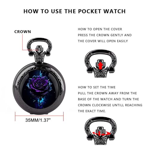 YIHAOYH Vintage Pocket Watch for Women Men Graphic Design Quartz Pocket Watches with Chain Pendant Christmas Birthday Gift with Box (Purple Rose)