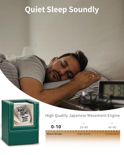 UnaMela Watch Winder for Automatic Watches: Automatic Single Watch Winder Box in Green PU Leather with Japanese Quiet Motor USB Powered - Gift for Men & Women