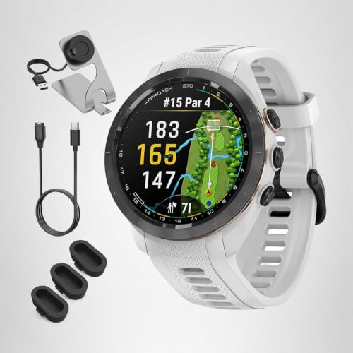 Garmin 010-02746-00 Approach S70 42 mm Premium GPS Golf Watch, White Band Bundle with Deco Essentials Charging Dock, 3X Silicone Dust Cover and USB Type C Charging and Sync Cable