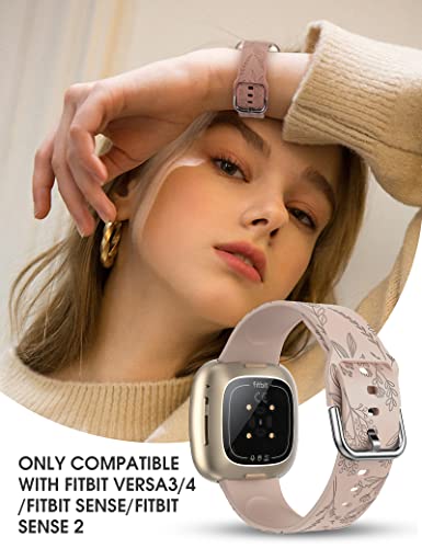Minyee 2 Packs Floral Engraved Band Compatible with Fitbit Versa 4/Versa 3/Sense 2/Sense Band Women, Cute Silicone Dandelion Sunflower Design Soft Sport Fancy Summer Strap for Versa 4